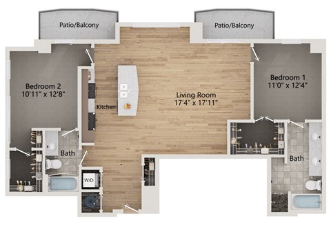 A floor plan of a two bedroom apartment with a living room, kitchen, bathrooms and balconies.
